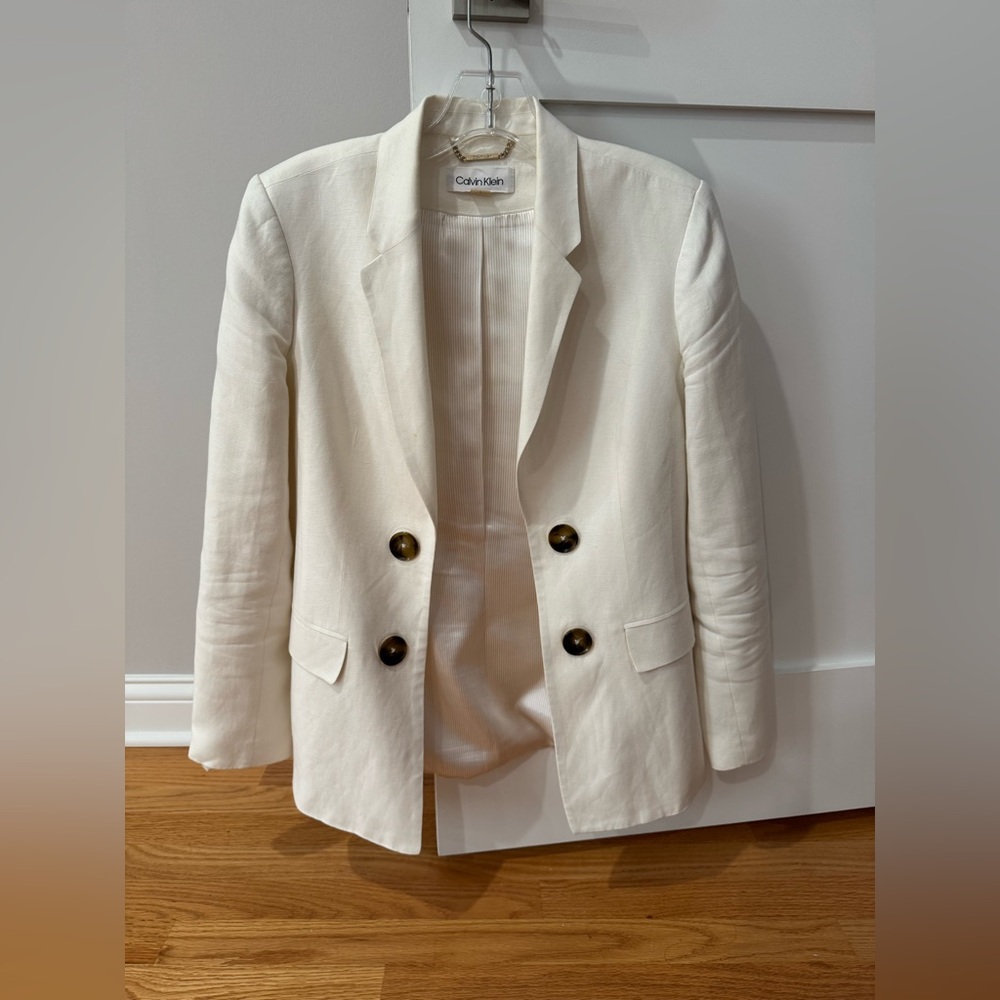 CALVIN KLEIN Blazer Open-front Jacket Top Size 6 White Beige Linen